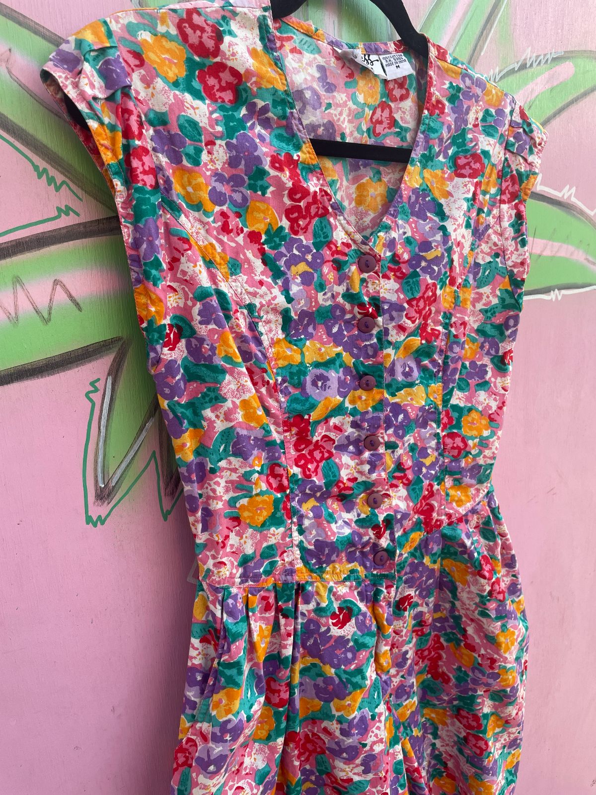 ACCESS PETITE 1980S-90S 100% COTTON FLORAL PRINT BUTTON FRONT ROMPER in PINK, PURPLE