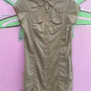 AT LAST GIRLS Y2K 100% COTTON PEARL SNAP BUTTON FRONT FITTED DRESS, CROCHET TRIM in TAUPE