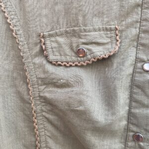 AT LAST GIRLS Y2K 100% COTTON PEARL SNAP BUTTON FRONT FITTED DRESS, CROCHET TRIM in TAUPE