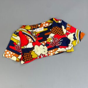GUITARE *AS-IS* UPCYCLED 1960S SUPER CROPPED BUTTON FRONT TOP, ABSTRACT PRINT in RED, YELLOW, BROWN