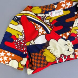 GUITARE *AS-IS* UPCYCLED 1960S SUPER CROPPED BUTTON FRONT TOP, ABSTRACT PRINT in RED, YELLOW, BROWN