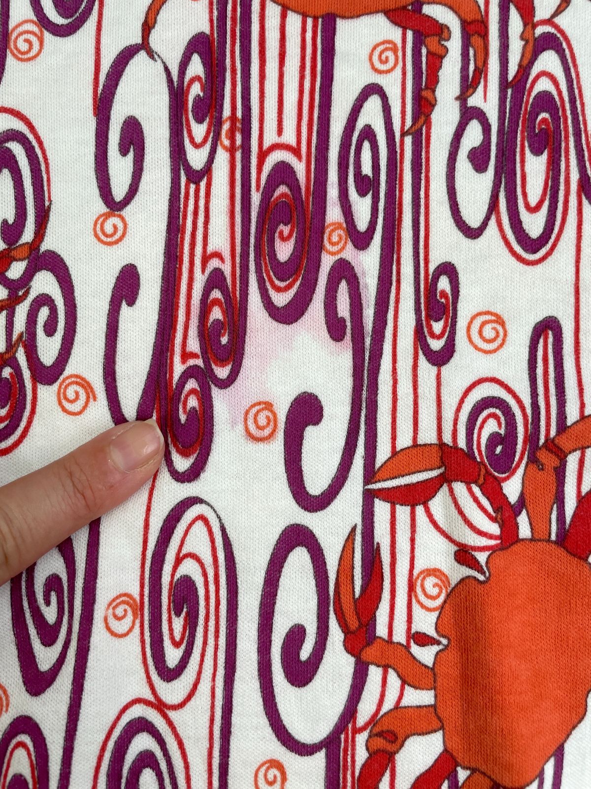 *AS-IS* RARE! 1960S-70S ZODIAC CRAB CANCER PRINT SHORT SLEEVE SCOOP NECK COTTON TOP- ASTROLOGY in WHITE, ORANGE, PURPLE