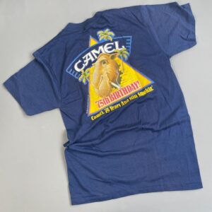 CAMEL AS-IS THREADBARE CAMEL CIGARETTES 75TH BIRTHDAY GRAPHIC SINGLE STITCH T-SHIRT in BLUE, YELLOW, BROWN