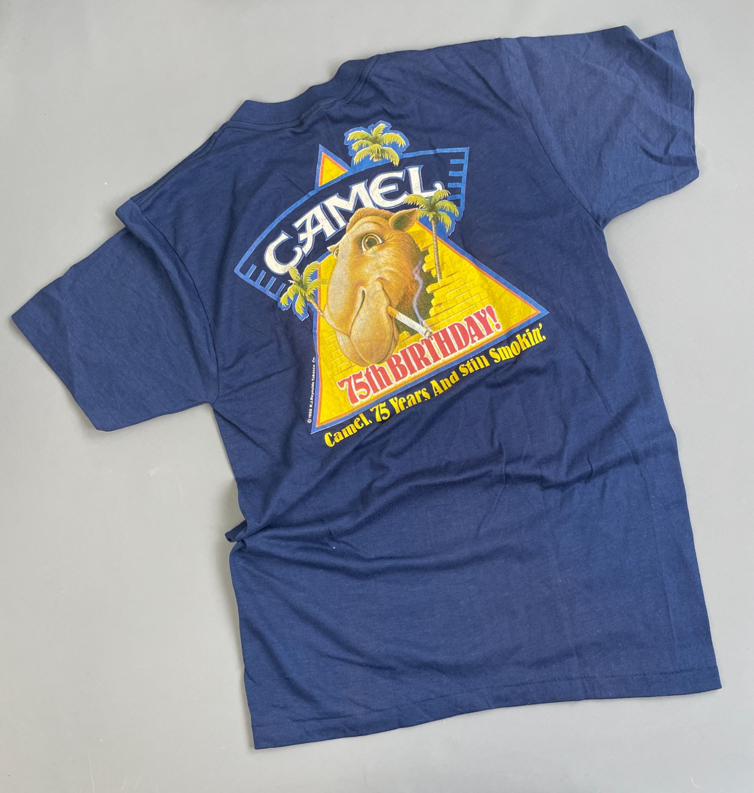 CAMEL AS-IS THREADBARE CAMEL CIGARETTES 75TH BIRTHDAY GRAPHIC SINGLE STITCH T-SHIRT in BLUE, YELLOW, BROWN