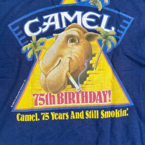 CAMEL AS-IS THREADBARE CAMEL CIGARETTES 75TH BIRTHDAY GRAPHIC SINGLE STITCH T-SHIRT in BLUE, YELLOW, BROWN