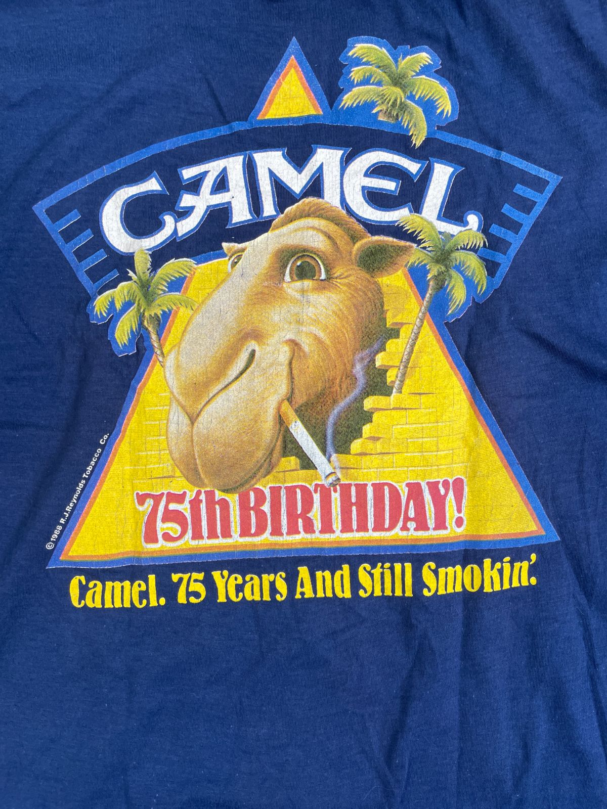 CAMEL AS-IS THREADBARE CAMEL CIGARETTES 75TH BIRTHDAY GRAPHIC SINGLE STITCH T-SHIRT in BLUE, YELLOW, BROWN