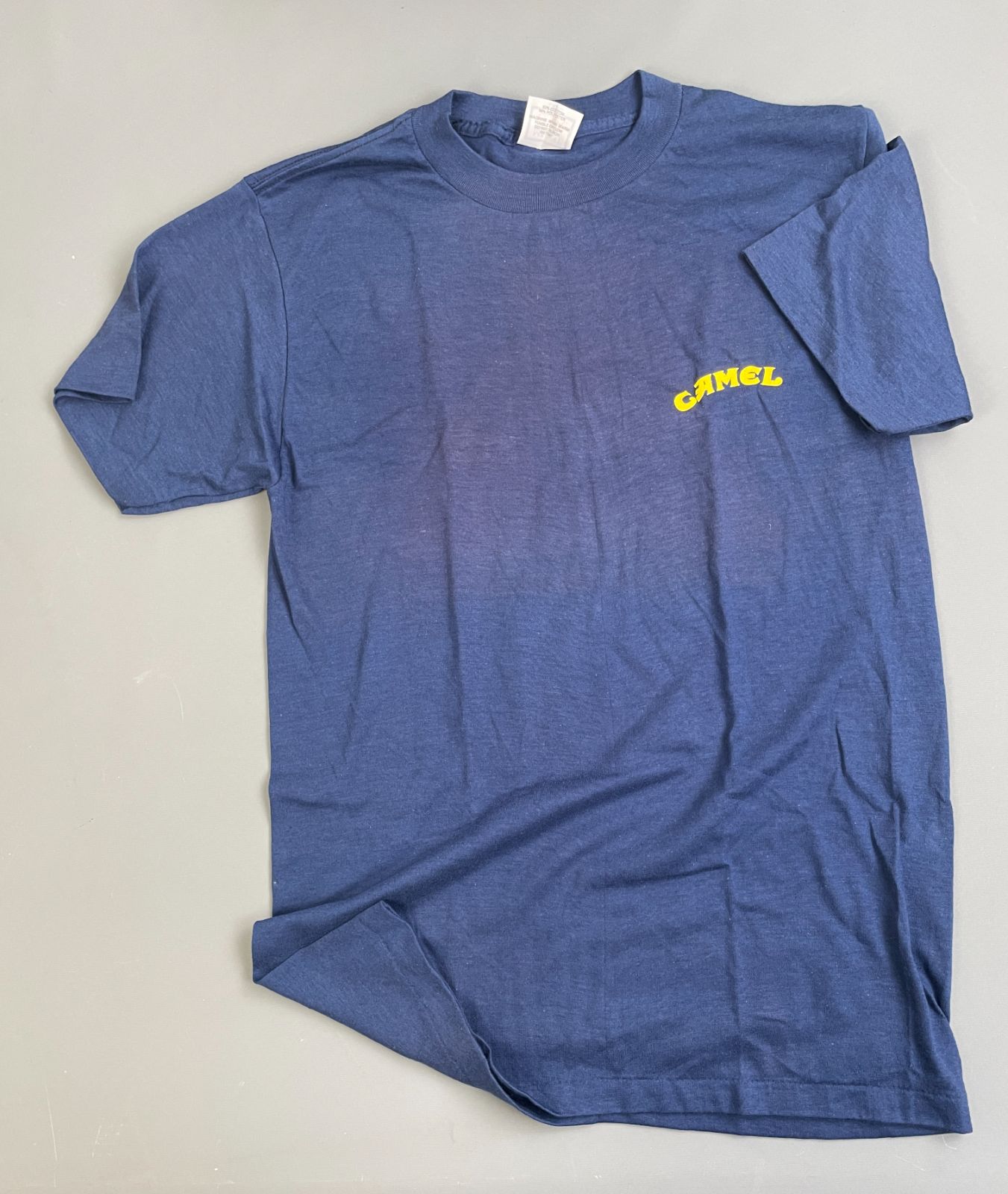 CAMEL AS-IS THREADBARE CAMEL CIGARETTES 75TH BIRTHDAY GRAPHIC SINGLE STITCH T-SHIRT in BLUE, YELLOW, BROWN
