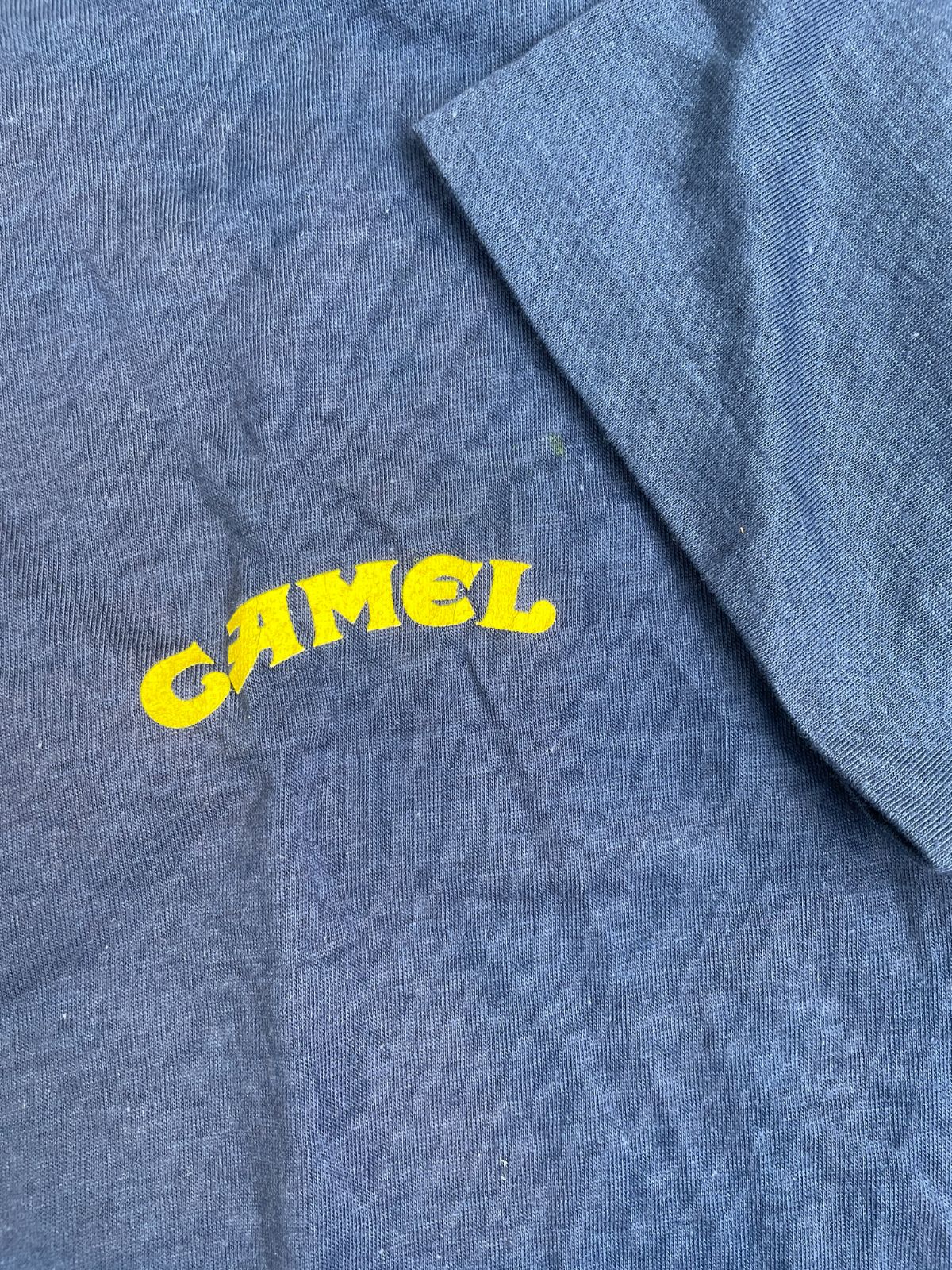 CAMEL AS-IS THREADBARE CAMEL CIGARETTES 75TH BIRTHDAY GRAPHIC SINGLE STITCH T-SHIRT in BLUE, YELLOW, BROWN