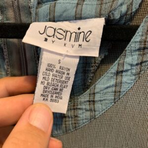 JASMINE *AS-IS* SO CUTE! 1980S-90S SHEER RAYON BABYDOLL ROMPER PLAID COLLAR & CUFFS in BLUE, GREY
