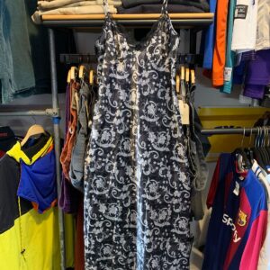 ADONNA Y2K ORNATE PRINT SATIN SLIP DRESS in BLACK, SILVER