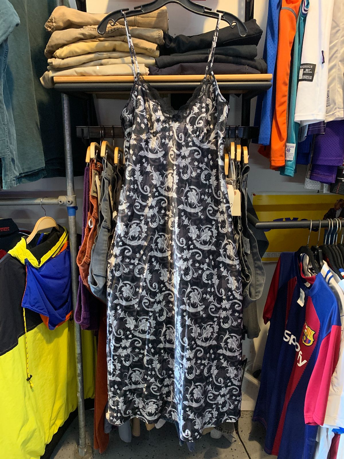 ADONNA Y2K ORNATE PRINT SATIN SLIP DRESS in BLACK, SILVER