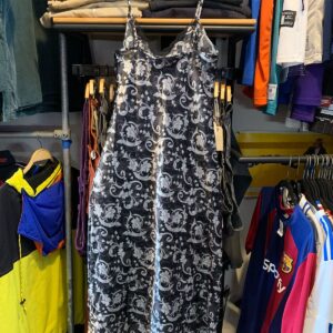 ADONNA Y2K ORNATE PRINT SATIN SLIP DRESS in BLACK, SILVER