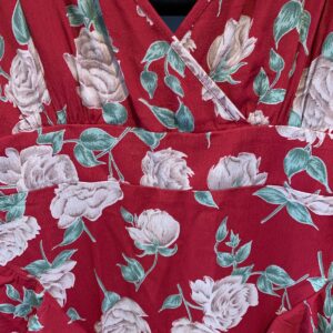 MADE IN USA - LOCAL DESIGNER FLORAL PRINT FITTED RAYON MIDI DRESS, PEPLUM RUFFLE in RED, GREEN, WHITE