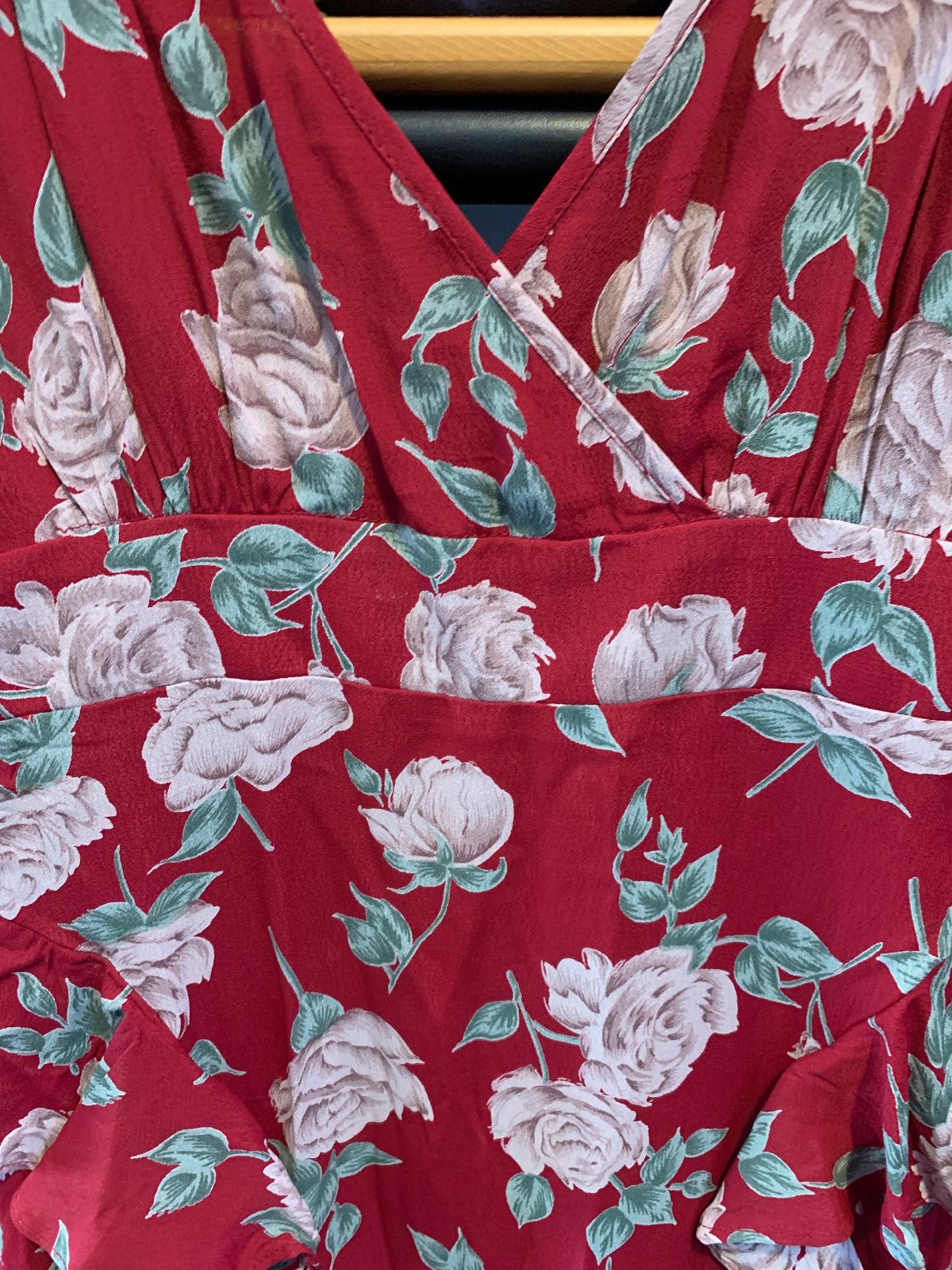 MADE IN USA - LOCAL DESIGNER FLORAL PRINT FITTED RAYON MIDI DRESS, PEPLUM RUFFLE in RED, GREEN, WHITE