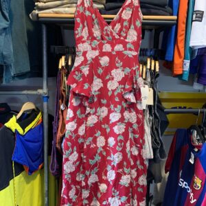 MADE IN USA - LOCAL DESIGNER FLORAL PRINT FITTED RAYON MIDI DRESS, PEPLUM RUFFLE in RED, GREEN, WHITE