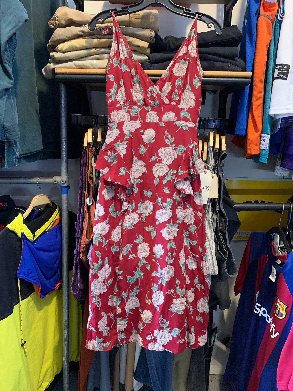 MADE IN USA - LOCAL DESIGNER FLORAL PRINT FITTED RAYON MIDI DRESS, PEPLUM RUFFLE in RED, GREEN, WHITE