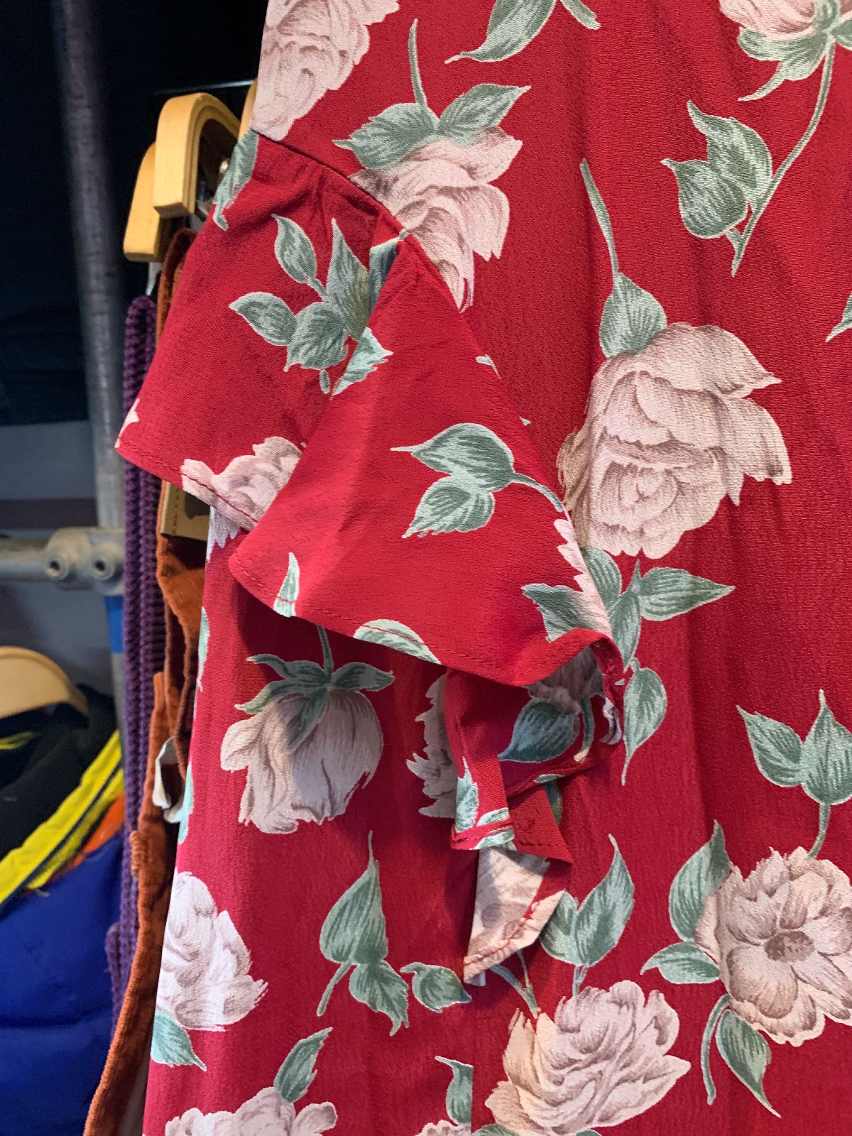 MADE IN USA - LOCAL DESIGNER FLORAL PRINT FITTED RAYON MIDI DRESS, PEPLUM RUFFLE in RED, GREEN, WHITE