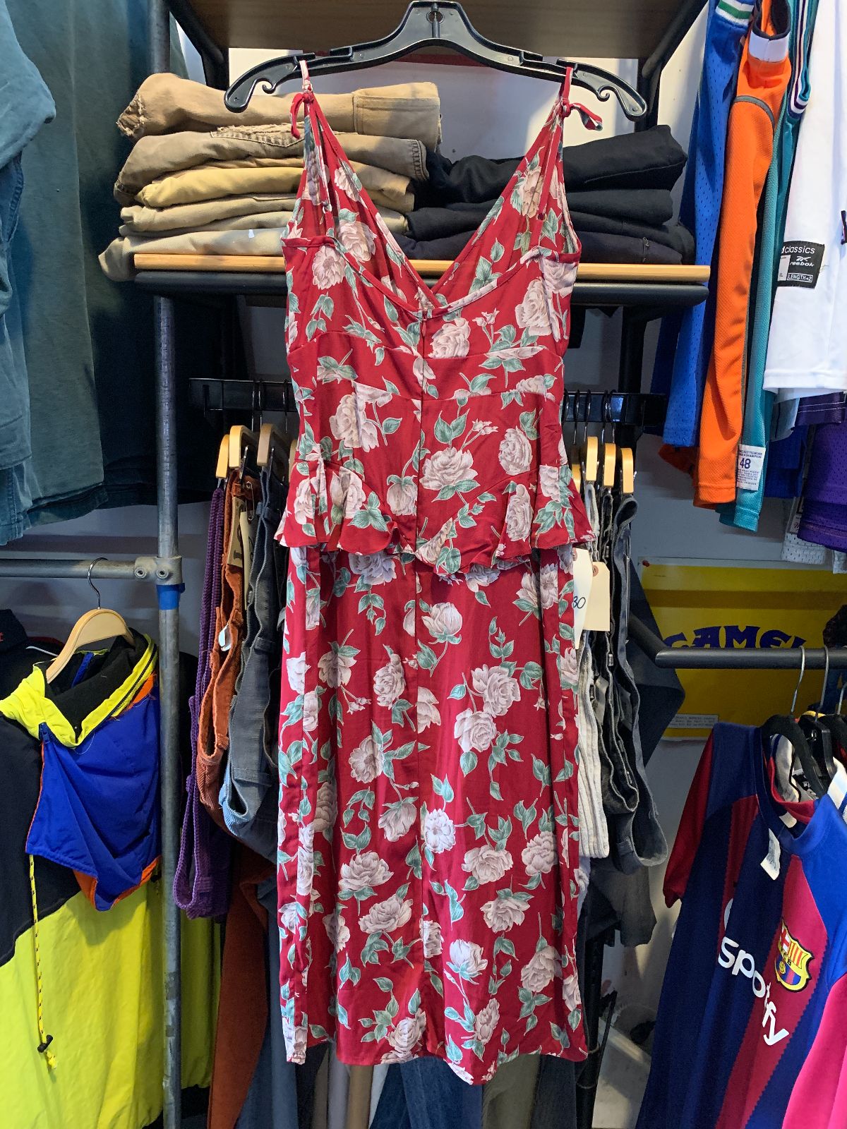 MADE IN USA - LOCAL DESIGNER FLORAL PRINT FITTED RAYON MIDI DRESS, PEPLUM RUFFLE in RED, GREEN, WHITE