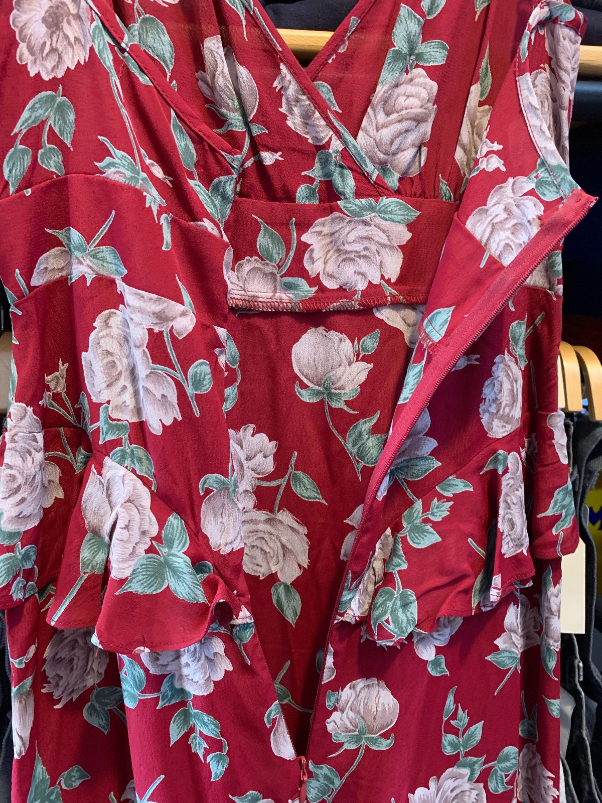 MADE IN USA - LOCAL DESIGNER FLORAL PRINT FITTED RAYON MIDI DRESS, PEPLUM RUFFLE in RED, GREEN, WHITE