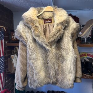 JORDACHE *AS-IS* COOL! 1970S-80S KNIT & FAUX FUR PANELED BUTTON FRONT JACKET in BROWN, WHITE, GRAY