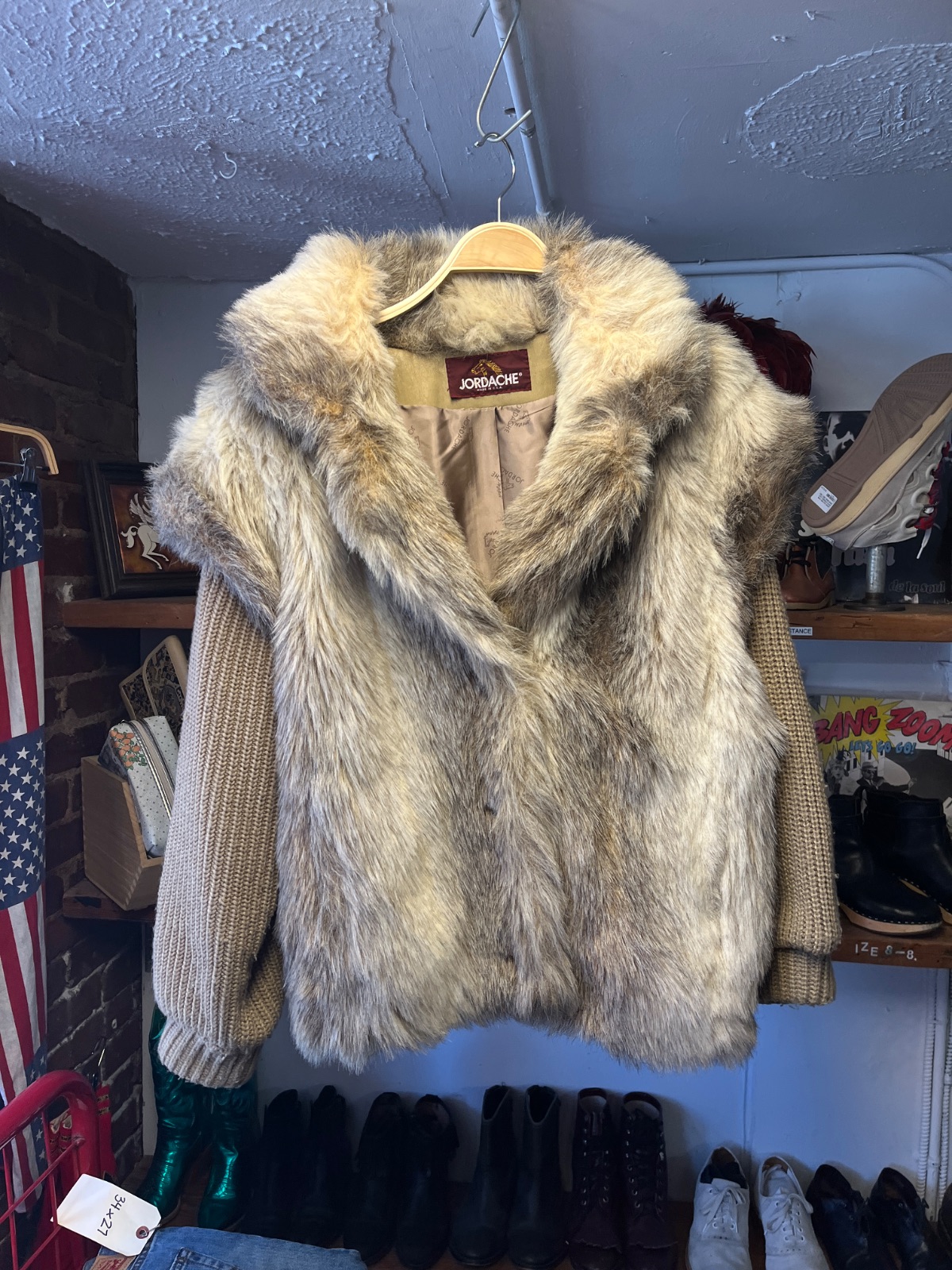 JORDACHE *AS-IS* COOL! 1970S-80S KNIT & FAUX FUR PANELED BUTTON FRONT JACKET in BROWN, WHITE, GRAY