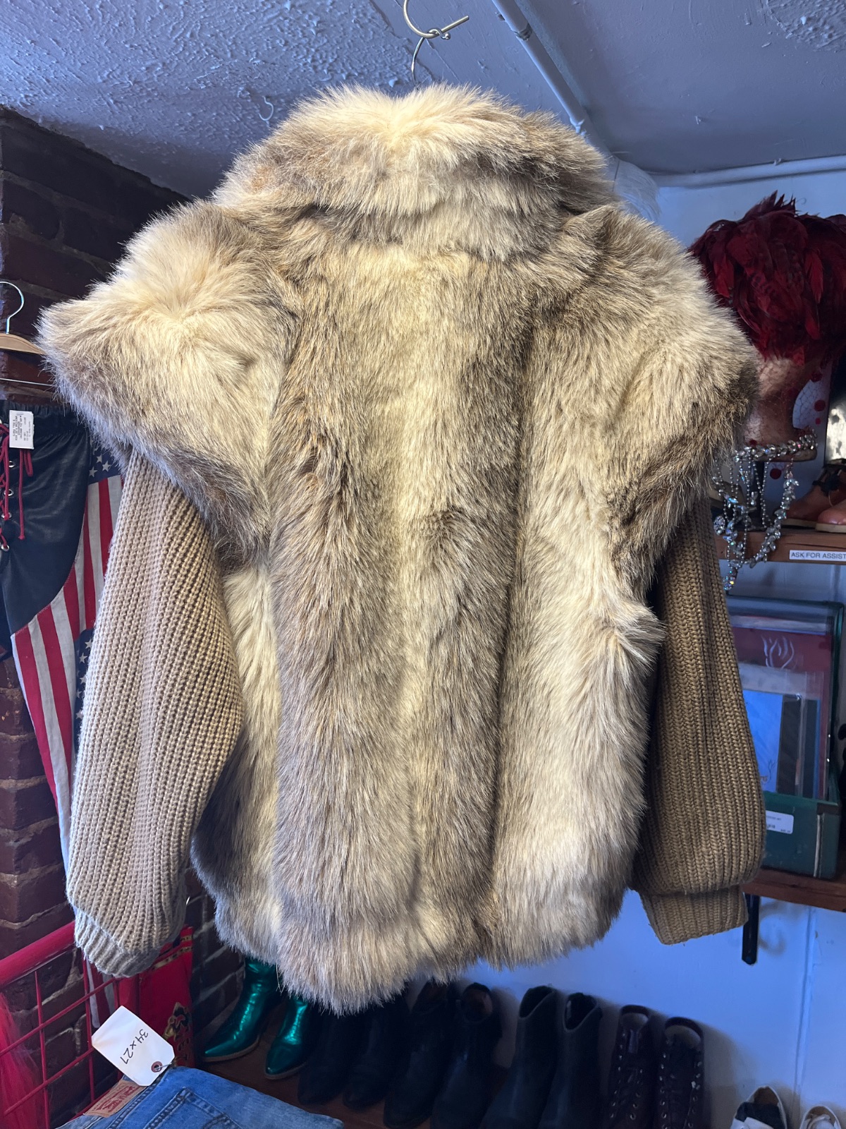 JORDACHE *AS-IS* COOL! 1970S-80S KNIT & FAUX FUR PANELED BUTTON FRONT JACKET in BROWN, WHITE, GRAY