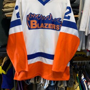 1980S-90S EMBROIDERED STITCHED LETTERS NHL BLAZERS COLOR BLOCK HOCKEY JERSEY in WHITE, ORANGE, BLUE