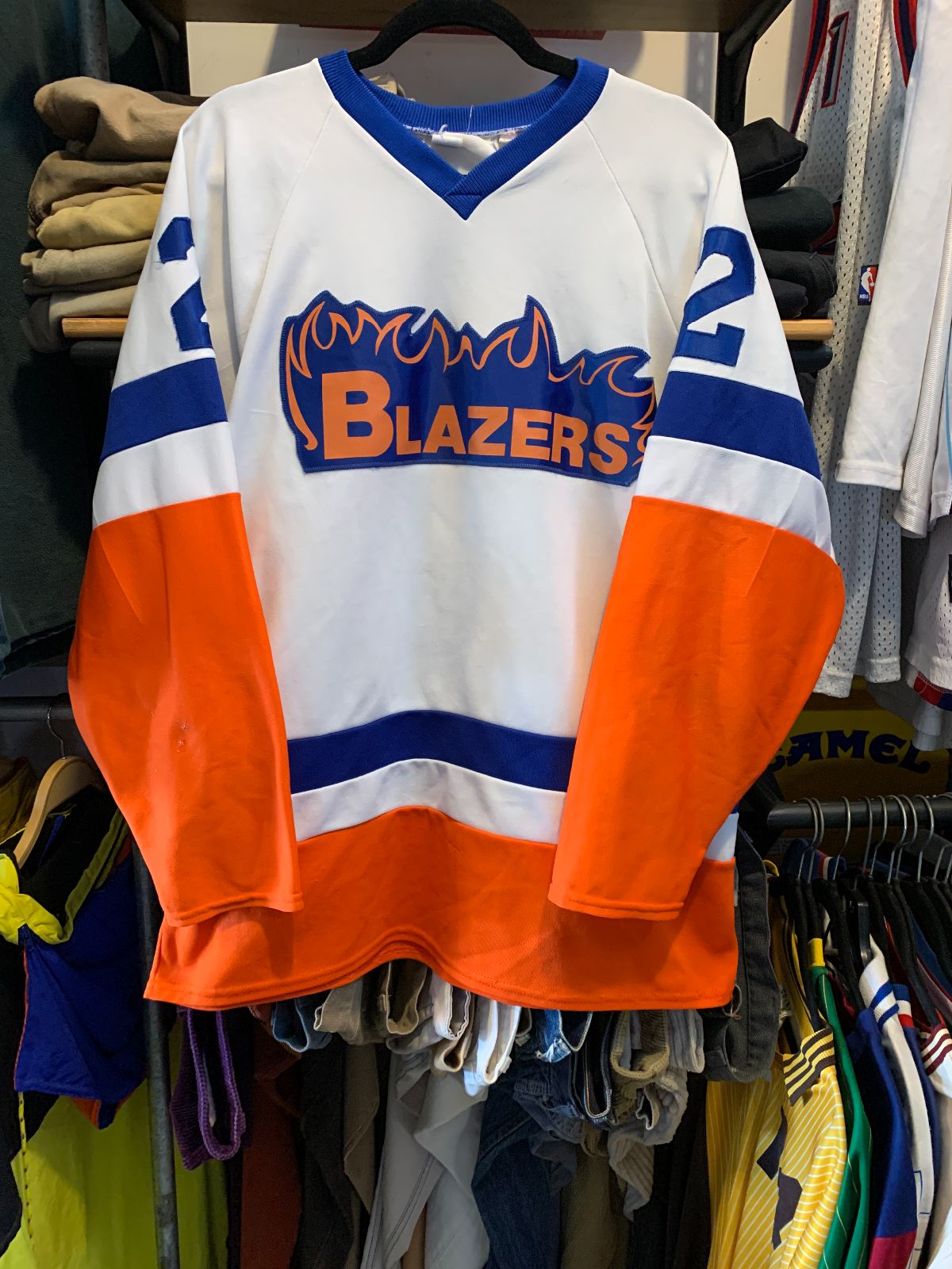 1980S-90S EMBROIDERED STITCHED LETTERS NHL BLAZERS COLOR BLOCK HOCKEY JERSEY in WHITE, ORANGE, BLUE