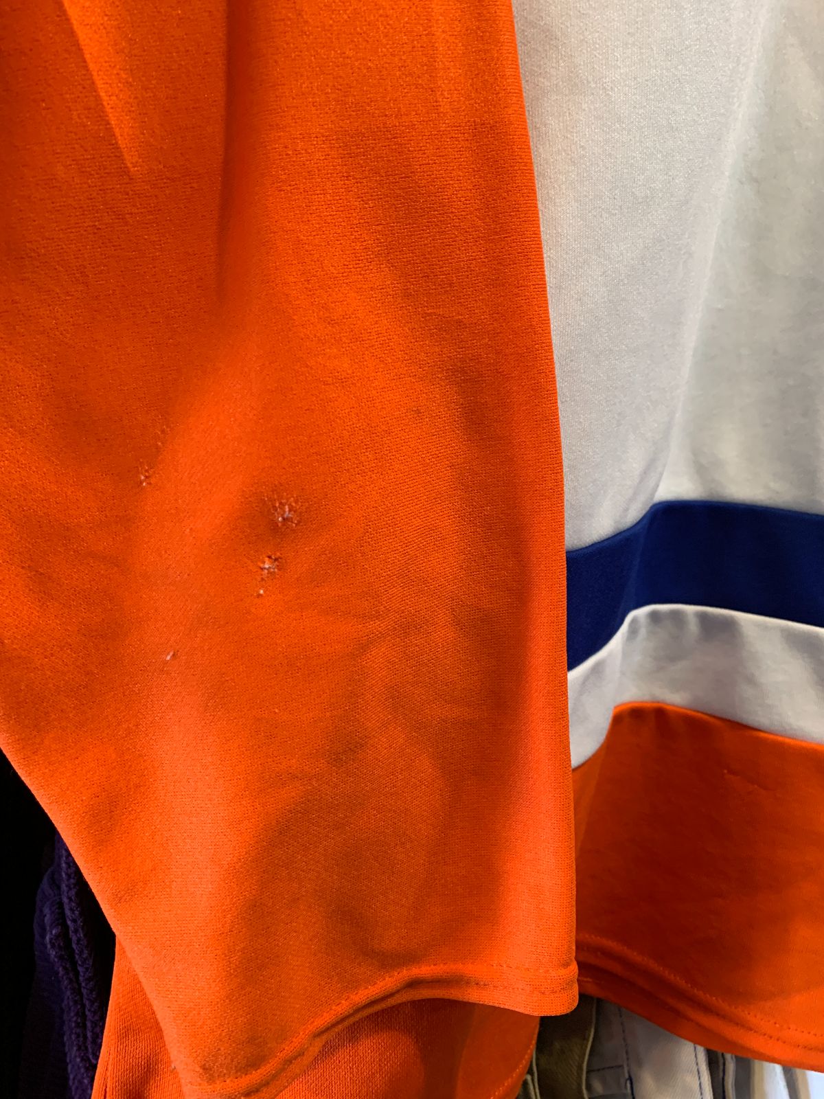 1980S-90S EMBROIDERED STITCHED LETTERS NHL BLAZERS COLOR BLOCK HOCKEY JERSEY in WHITE, ORANGE, BLUE