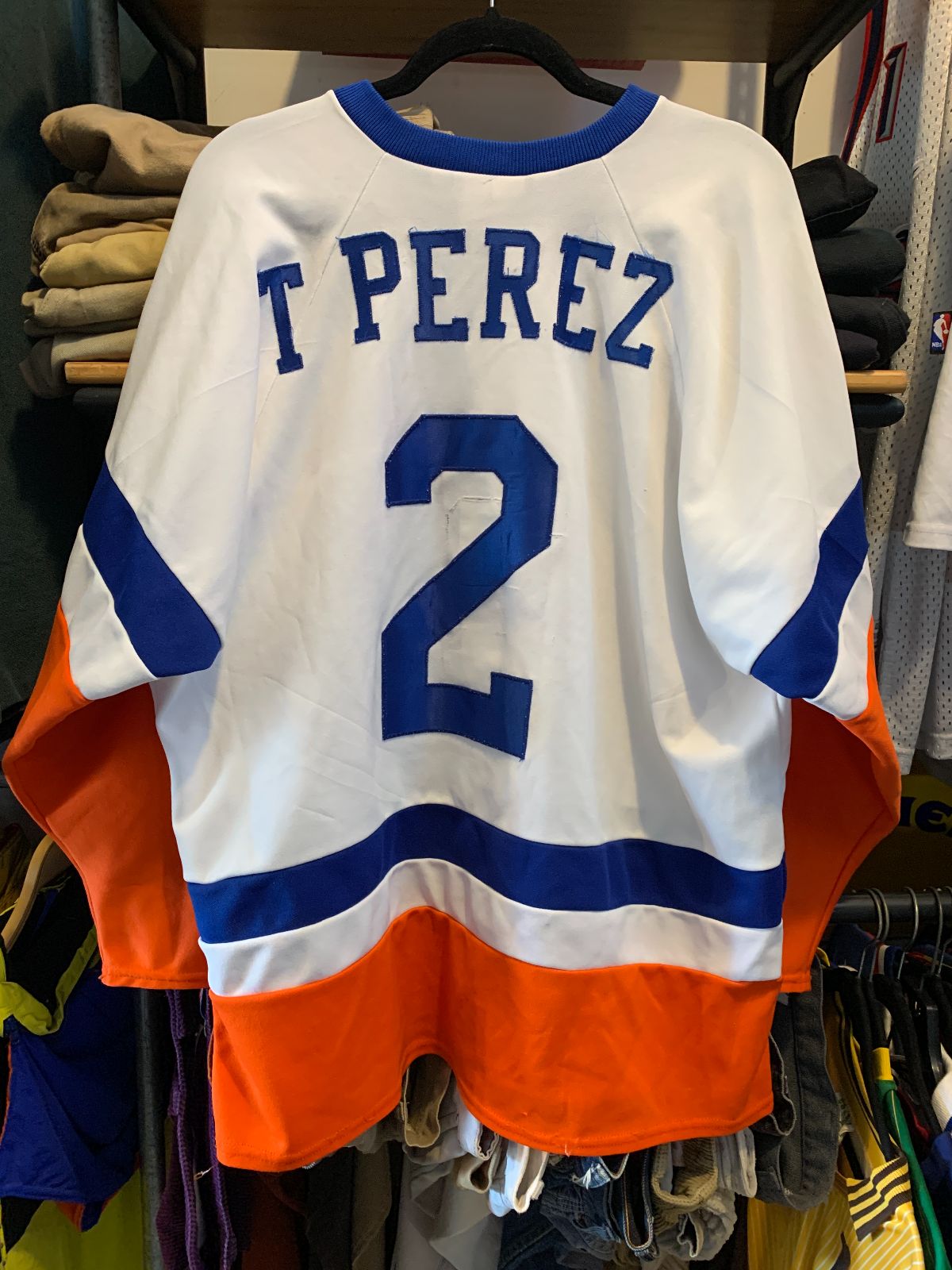 1980S-90S EMBROIDERED STITCHED LETTERS NHL BLAZERS COLOR BLOCK HOCKEY JERSEY in WHITE, ORANGE, BLUE