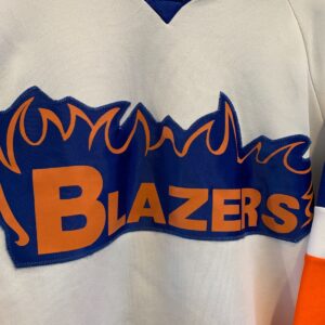 1980S-90S EMBROIDERED STITCHED LETTERS NHL BLAZERS COLOR BLOCK HOCKEY JERSEY in WHITE, ORANGE, BLUE