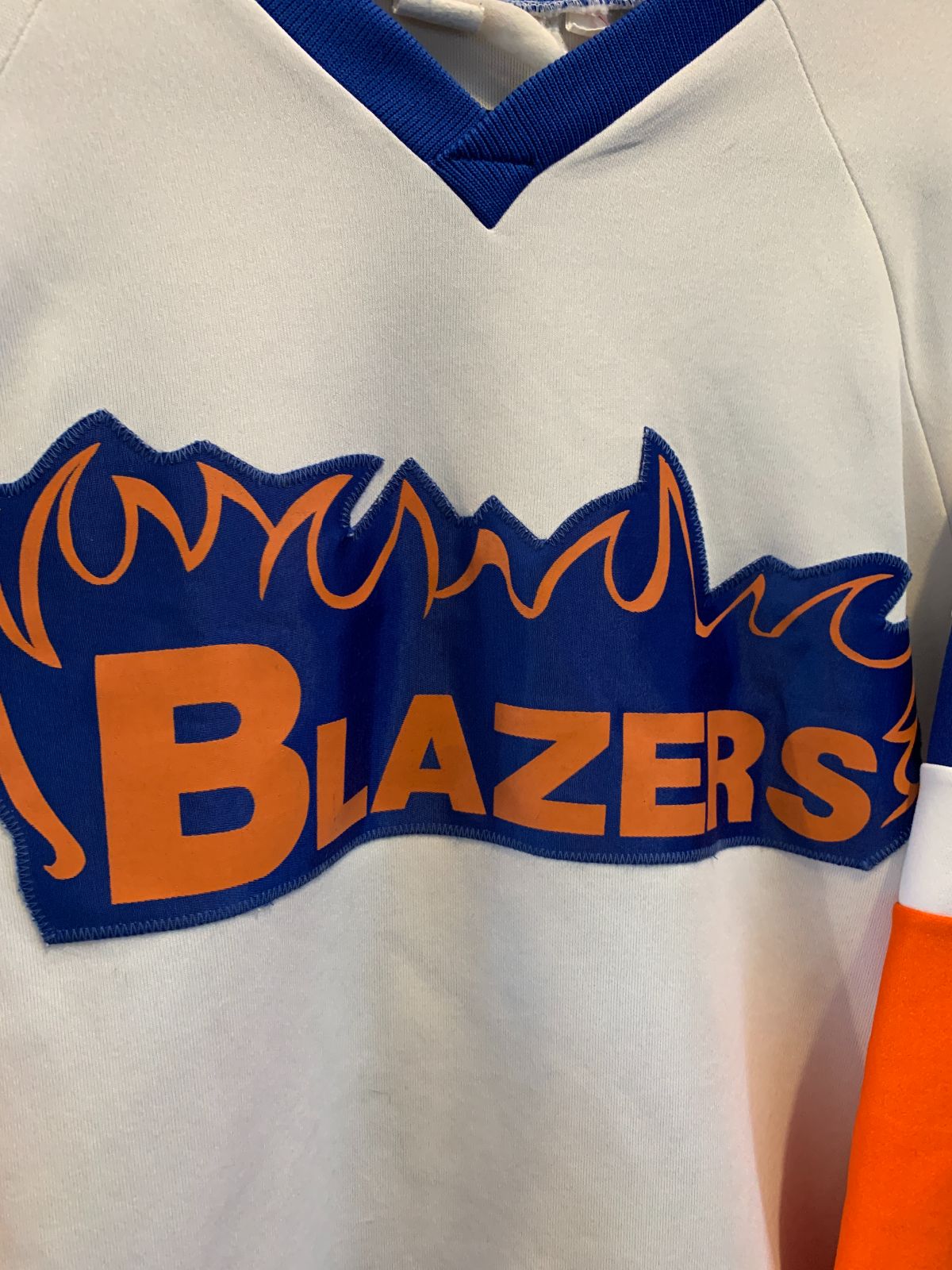 1980S-90S EMBROIDERED STITCHED LETTERS NHL BLAZERS COLOR BLOCK HOCKEY JERSEY in WHITE, ORANGE, BLUE