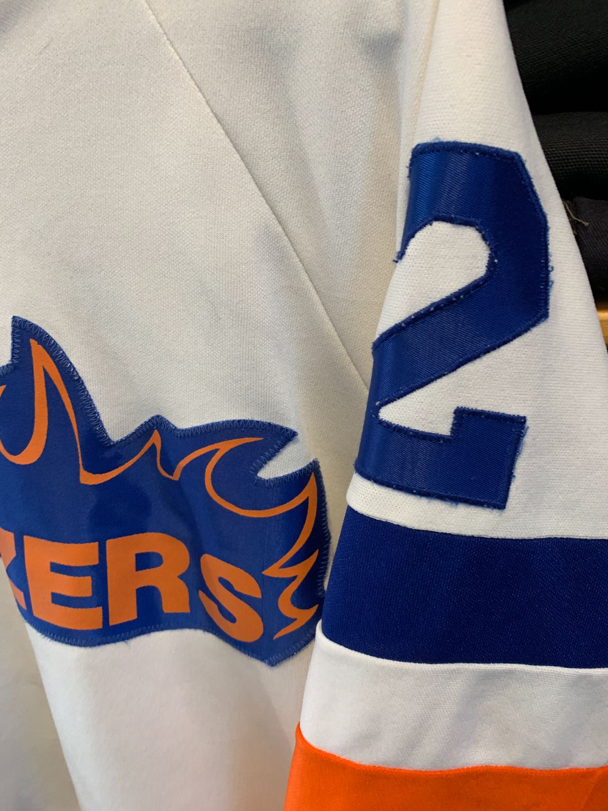 1980S-90S EMBROIDERED STITCHED LETTERS NHL BLAZERS COLOR BLOCK HOCKEY JERSEY in WHITE, ORANGE, BLUE