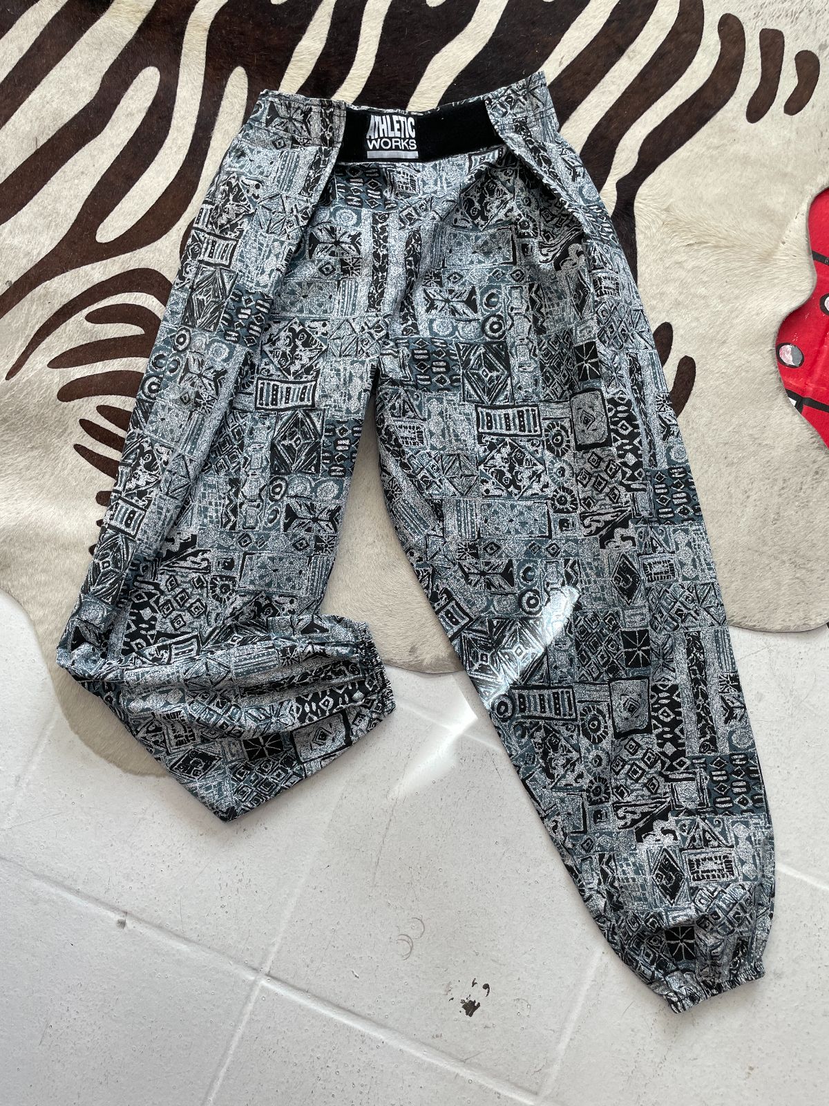 ATHLETIC WORKS LOVE! 1980S-90S 100% COTTON PRINTED HAMMER PANTS - VELCRO WAIST in BLUE, WHITE, BLACK