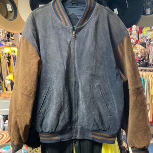 croft & Barrow 1990S SUEDE BOMBER JACKET CONTRAST SLEEVES STRIPED RIBBED COLLAR in BROWN, GRAY, BLUE
