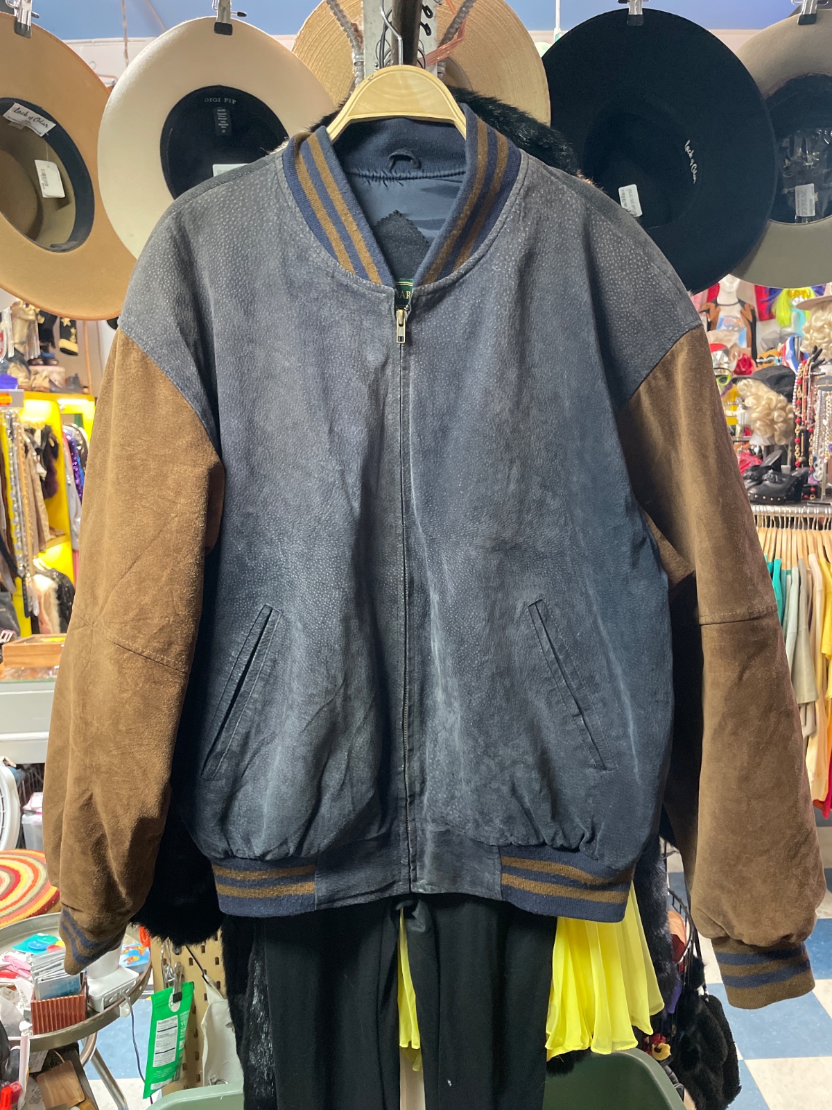 croft & Barrow 1990S SUEDE BOMBER JACKET CONTRAST SLEEVES STRIPED RIBBED COLLAR in BROWN, GRAY, BLUE