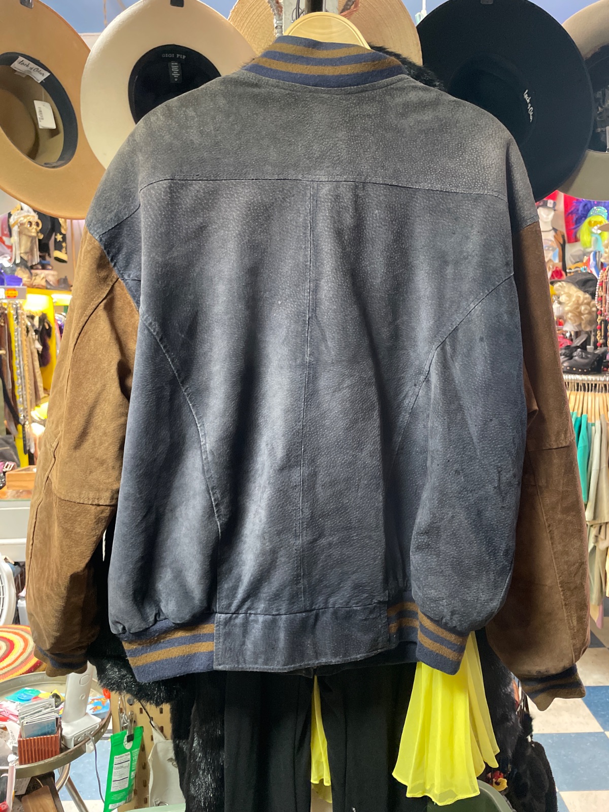 croft & Barrow 1990S SUEDE BOMBER JACKET CONTRAST SLEEVES STRIPED RIBBED COLLAR in BROWN, GRAY, BLUE