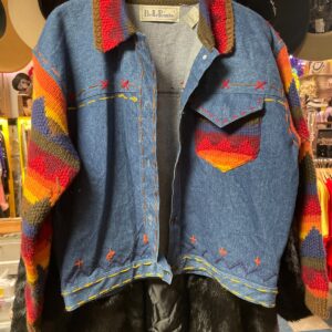 BELLEFONTE BELLEFONTE DENIM JACKET WITH COLORFUL KNIT SLEEVES AND COLLAR in BLUE, RED, ORANGE