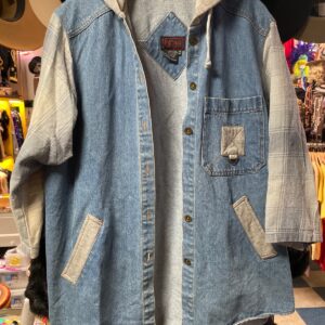 patina FUNKY! 1990S DENIM JACKET HOODED SWEATSHIRT & PLAID SLEEVES in BLUE, GRAY, WHITE