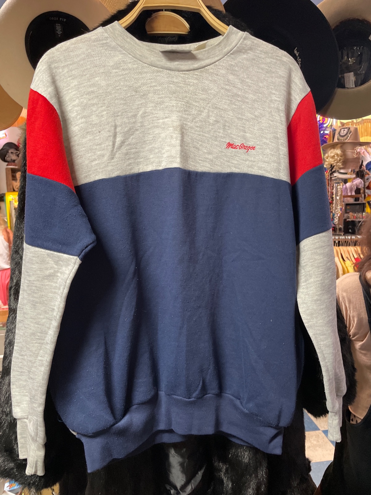 macgregor *AS-IS* RETRO COLORBLOCK PULLOVER SWEATSHIRT WITH LOGO in GRAY, BLUE, RED