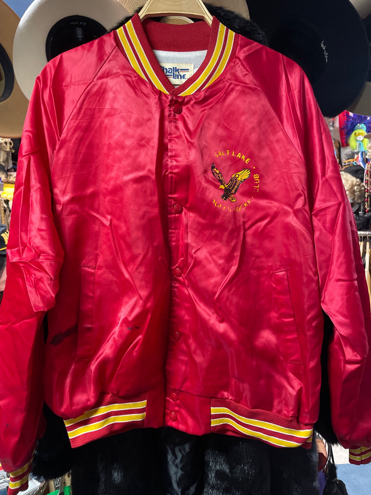 chalk line *AS-IS* EAGLES SALT LAKE HOCKEY CLUB RED SATIN BUTTON UP JACKET in RED, YELLOW