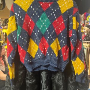 liz sport CUTE! 1980S COLORFUL ARGYLE COTTON KNIT PULLOVER SWEATER in BLUE, RED, YELLOW, GREEN