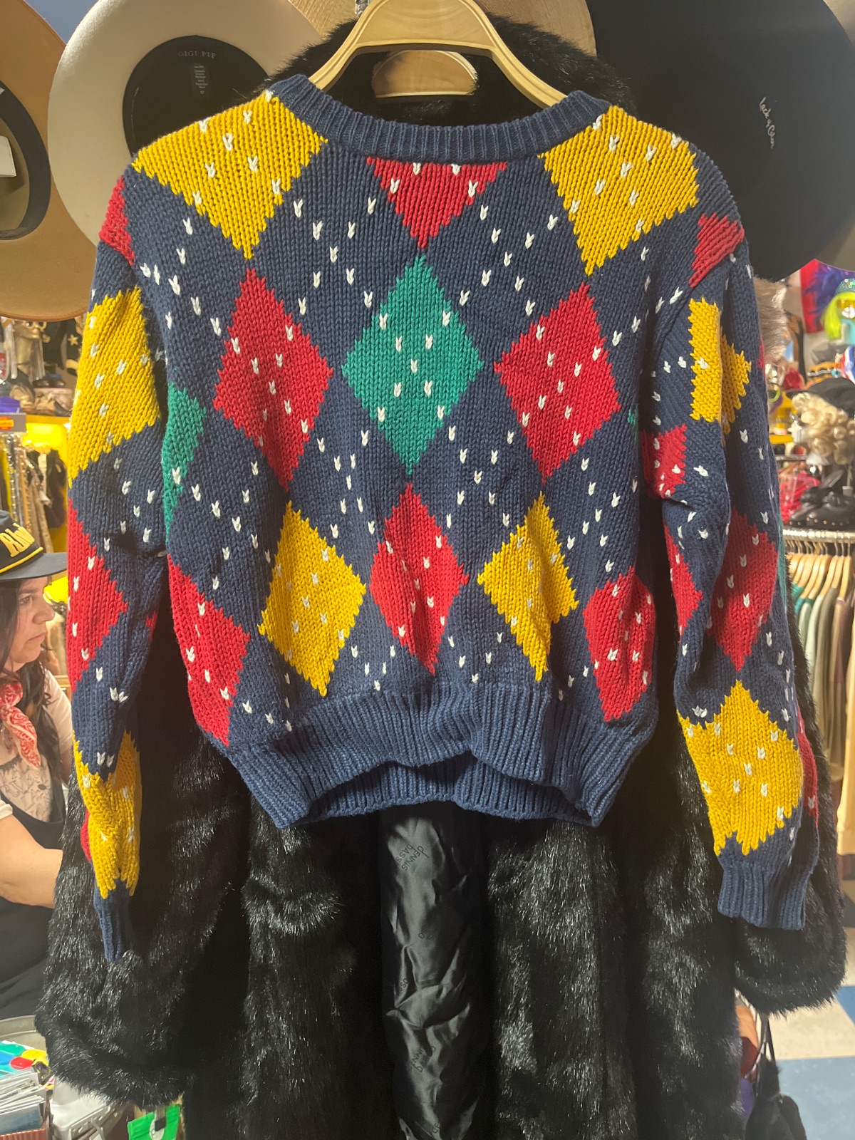 liz sport CUTE! 1980S COLORFUL ARGYLE COTTON KNIT PULLOVER SWEATER in BLUE, RED, YELLOW, GREEN