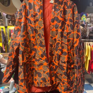 us camper *AS-IS* 1970S-80S WATERPROOF NEON ORANGE CAMO PRINT HOODED JACKET QUILTED NYLON LINING in ORANGE, BROWN, BLACK