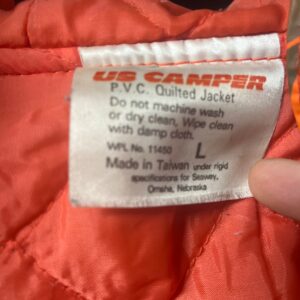 us camper *AS-IS* 1970S-80S WATERPROOF NEON ORANGE CAMO PRINT HOODED JACKET QUILTED NYLON LINING in ORANGE, BROWN, BLACK