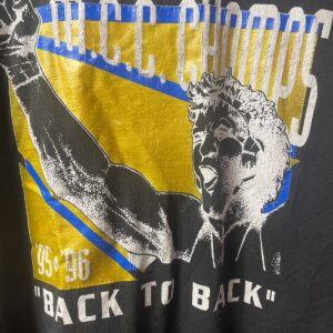 FRUIT OF THE LOOM 1995 WLA MOC CHAMPS BACK TO BACK BLACK T-SHIRT SINGLE STITCH in BLACK, YELLOW, BLUE