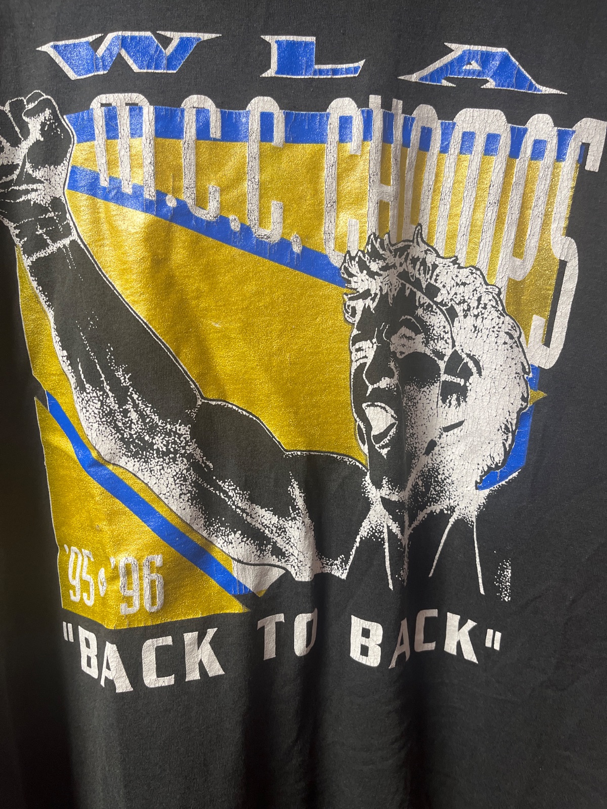 FRUIT OF THE LOOM 1995 WLA MOC CHAMPS BACK TO BACK BLACK T-SHIRT SINGLE STITCH in BLACK, YELLOW, BLUE