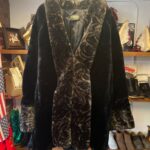 SOFT! FAUX FUR COAT, BLACK AND BROWN SWIRL CUFFS AND COLLAR