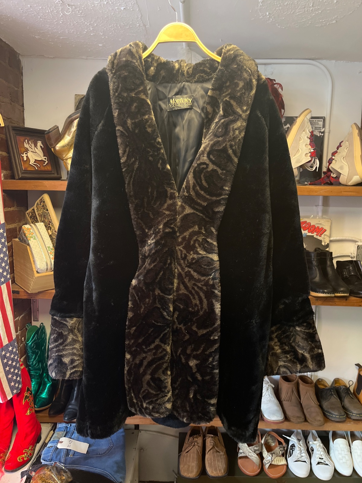 MONTEREY SOFT! FAUX FUR COAT, BLACK AND BROWN SWIRL CUFFS AND COLLAR in BLACK, BROWN