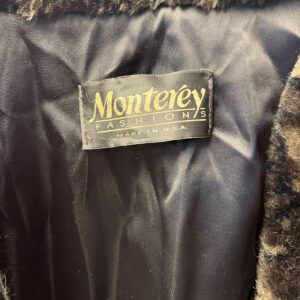 MONTEREY SOFT! FAUX FUR COAT, BLACK AND BROWN SWIRL CUFFS AND COLLAR in BLACK, BROWN